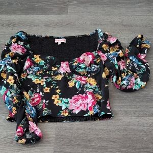 Leyden Red and Black Bell Sleeve Crop Blouse